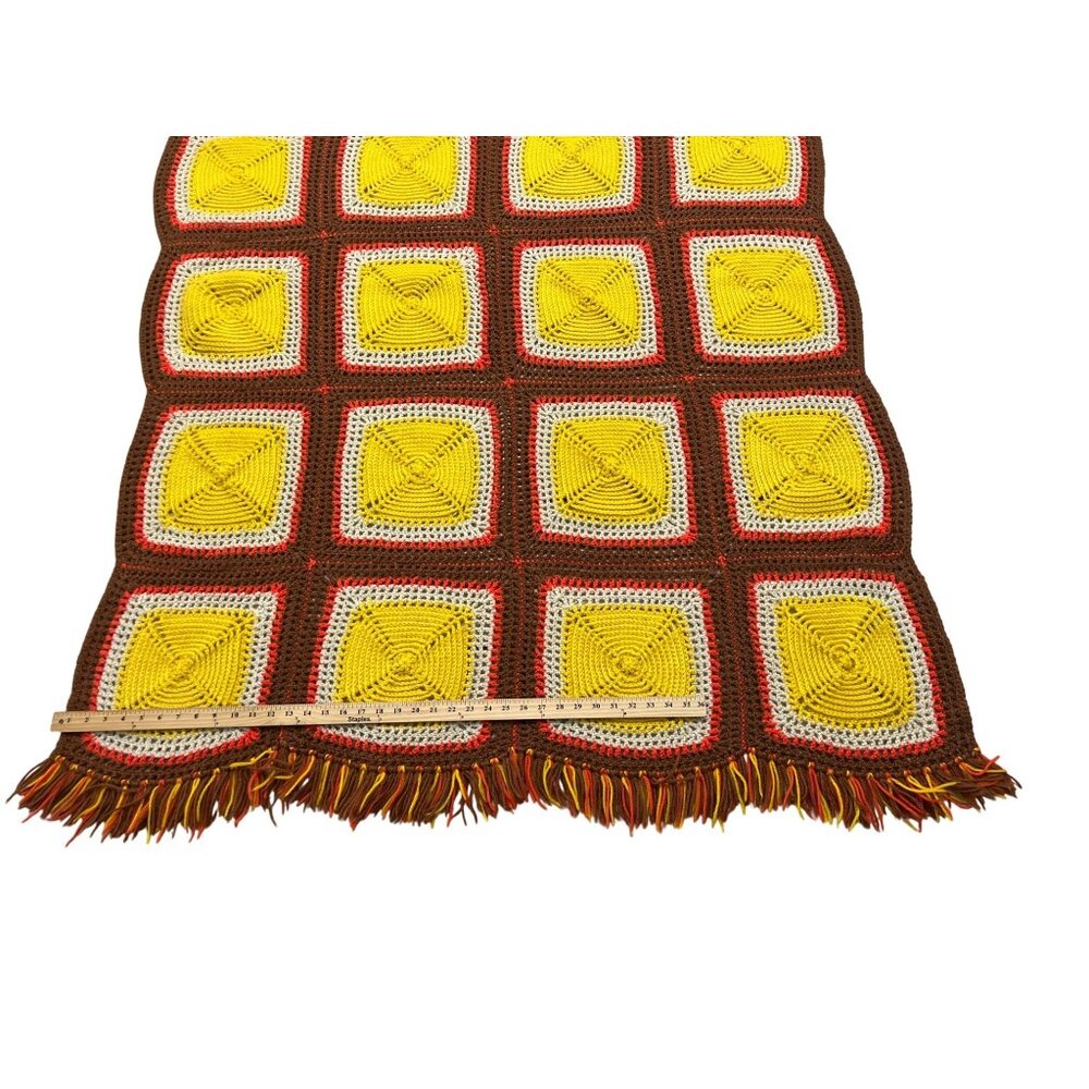 Grannie Square Throw Blanket Handmade Crochet Yellow Brown Fringe 70s Boho - Picture 2 of 4